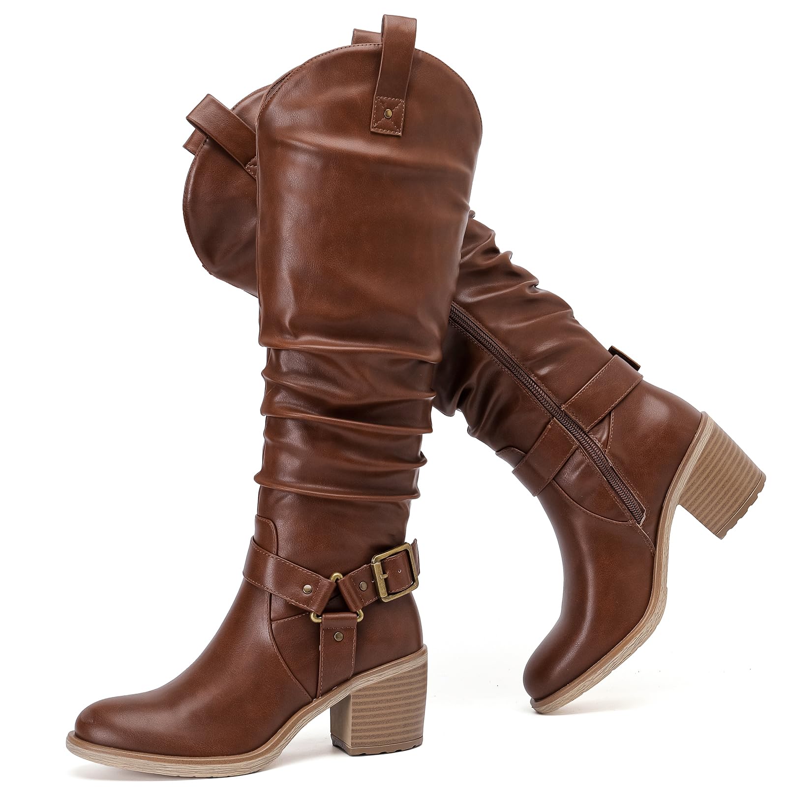 Women's Slouchy Knee High Boots with Chunky Heel, Pointed Toe, Comfortable and Fashionable Fall Winter Boots for Women.